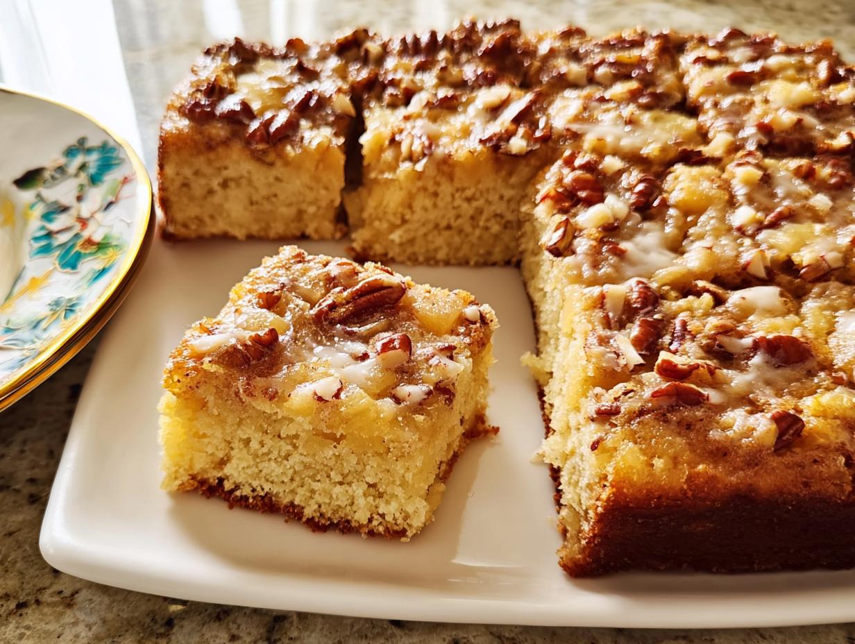 A slice of restaurant-style pecan streusel cake with a drizzle of icing, ready to be enjoyed.