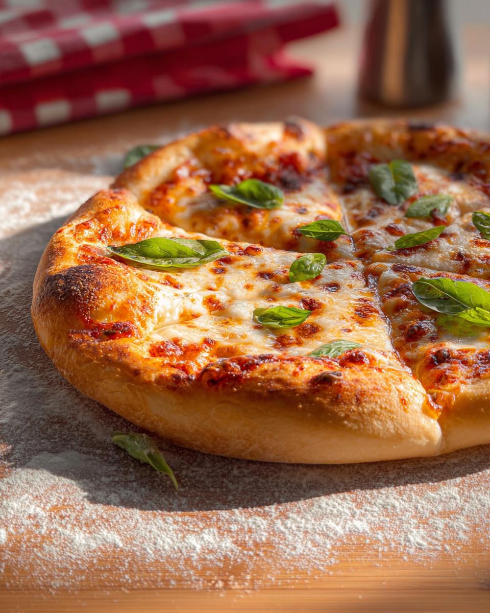 A freshly baked Margherita pizza, sliced and topped with melted mozzarella cheese, tomato sauce, and fresh basil leaves, perfect for Restaurant-Style Pizza Night Recipes at Home.