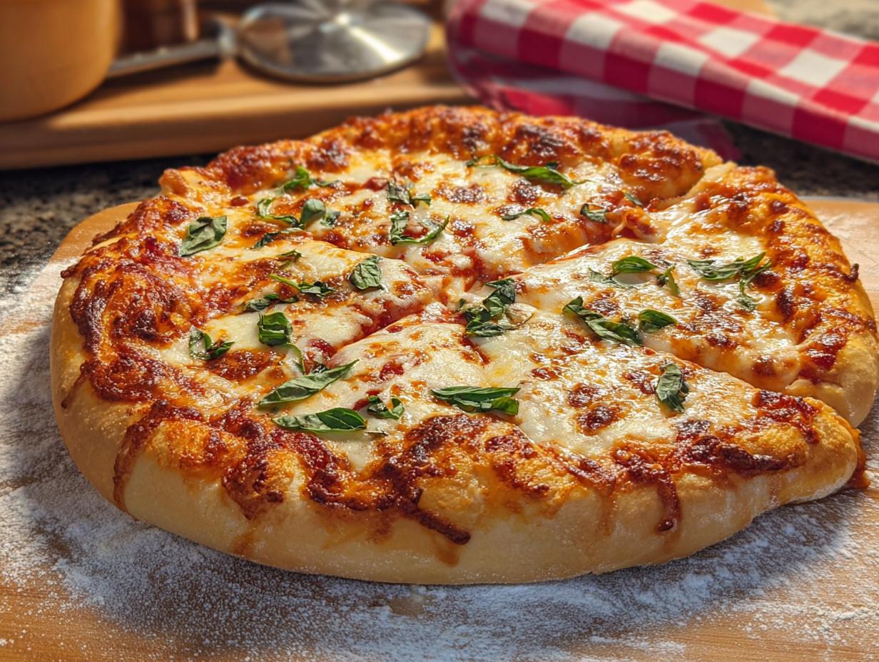 A freshly baked restaurant-style pizza with melted cheese and basil, perfect for pizza night at home.