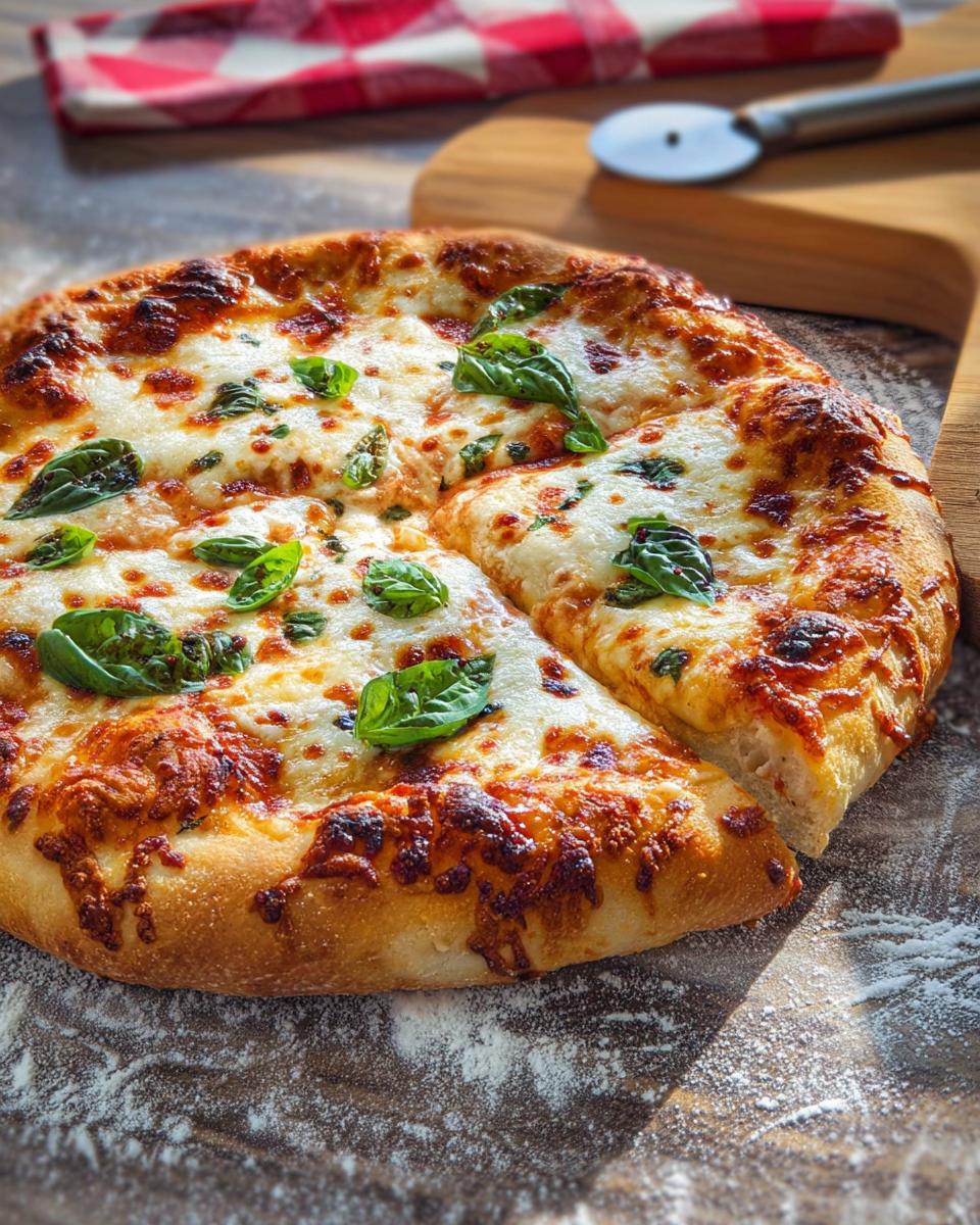 A delicious, freshly baked restaurant-style pizza with melted cheese and basil, perfect for pizza night recipes at home.