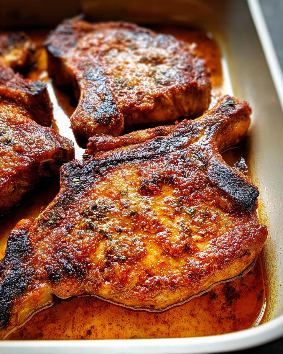 Juicy, pan-seared restaurant-style pork chops in a white baking dish, seasoned with herbs.