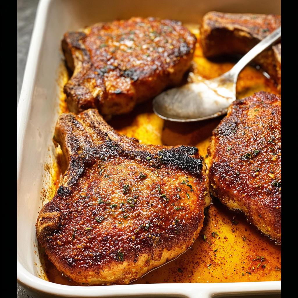 Close-up of four juicy restaurant-style pork chops, seasoned and baked in a white dish.