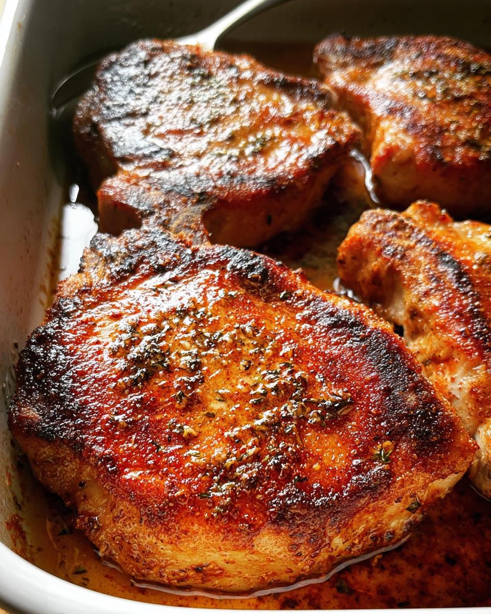 Close-up of juicy, pan-seared restaurant-style pork chops with herbs, ready to be served.
