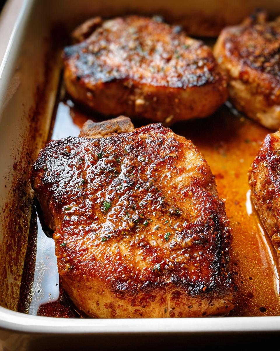 Juicy, pan-seared restaurant-style pork chops in a baking dish, ready to be served.