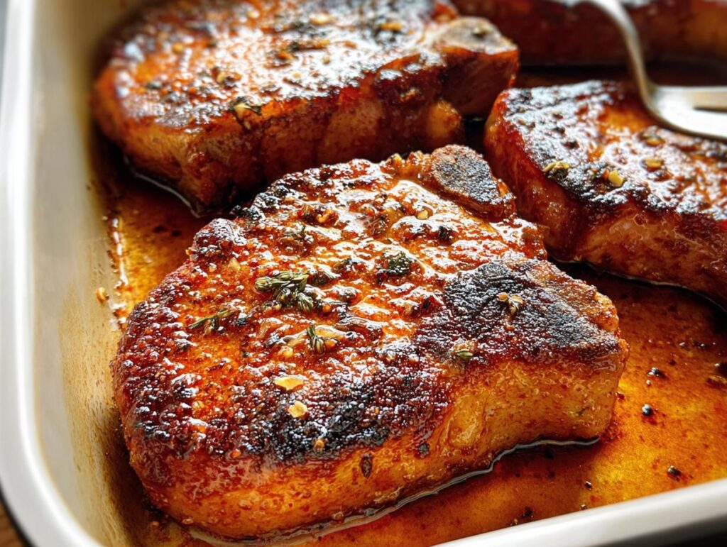 Close-up of juicy restaurant-style pork chops in a baking dish, glazed with a savory sauce and herbs.