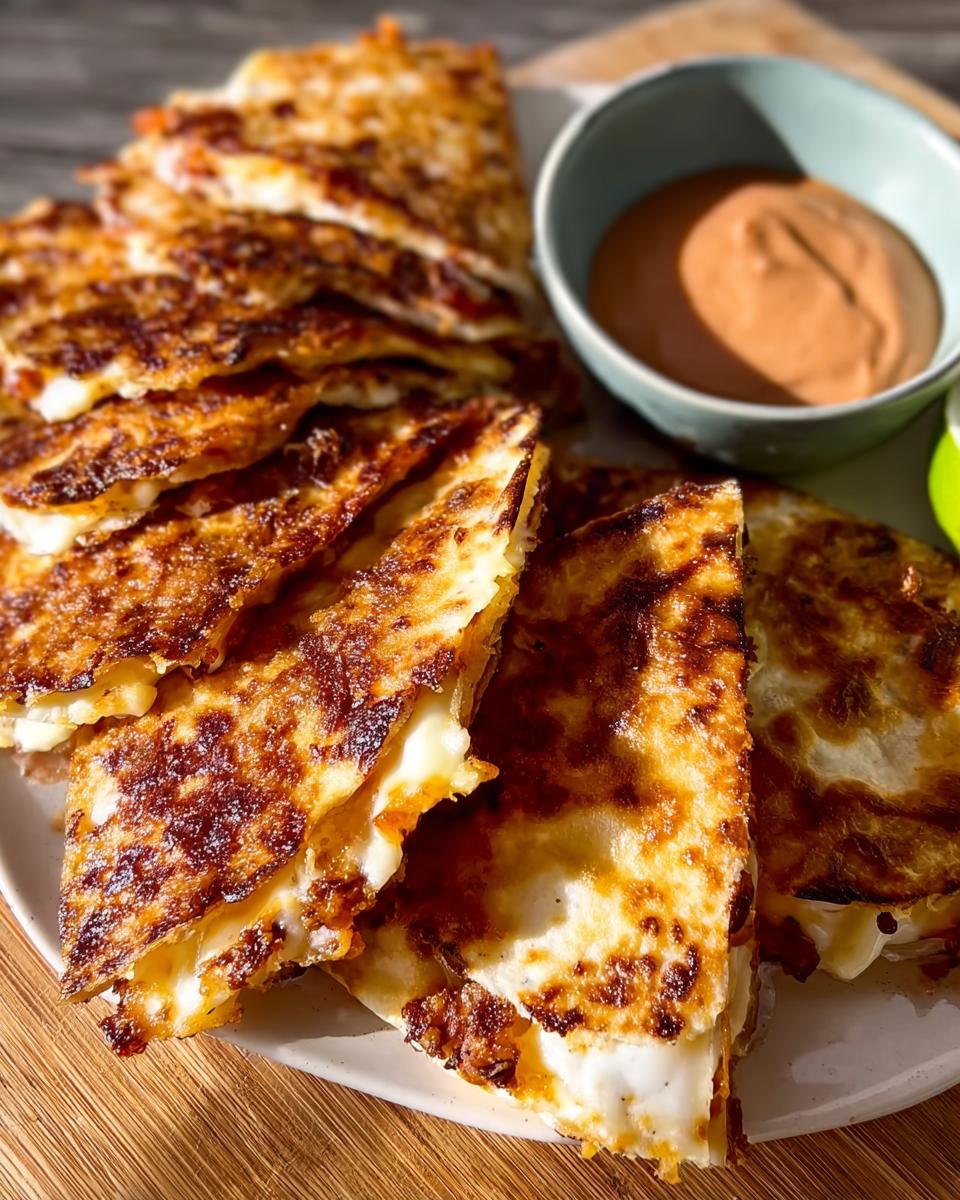 Golden-brown quesadillas, cut into wedges, served with a creamy dipping sauce, perfect for Restaurant-Style Taco Tuesday Recipes at Home.
