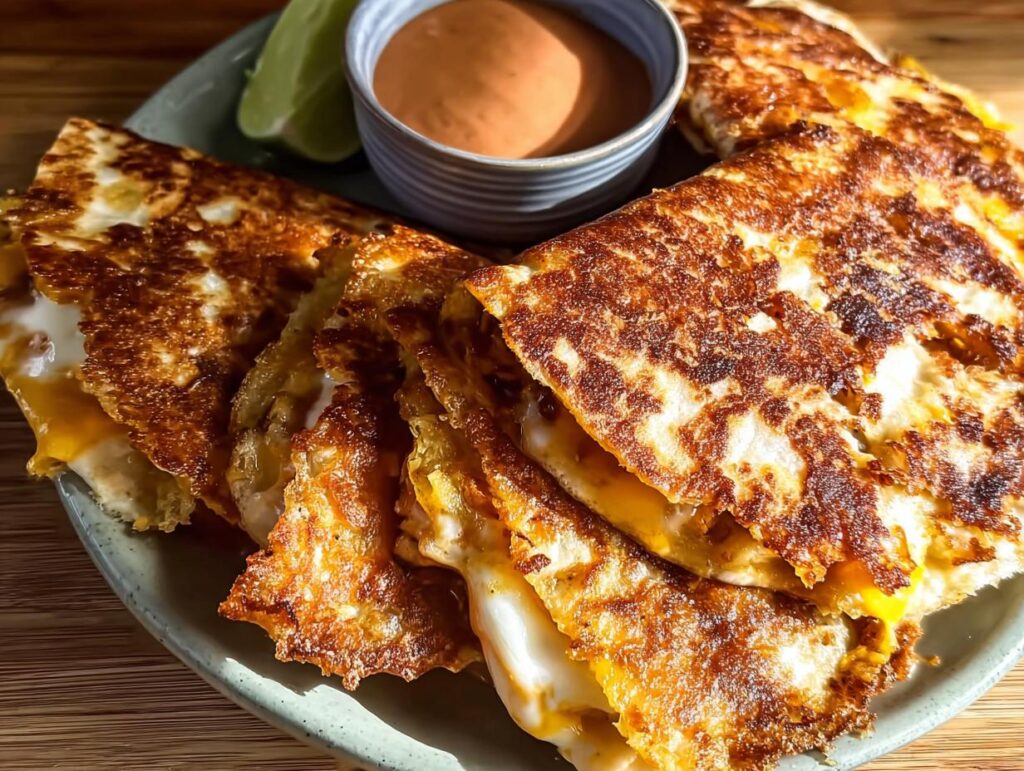 Golden brown quesadillas cut into wedges, served with a side of dipping sauce and lime wedges, perfect for Restaurant-Style Taco Tuesday Recipes at Home.