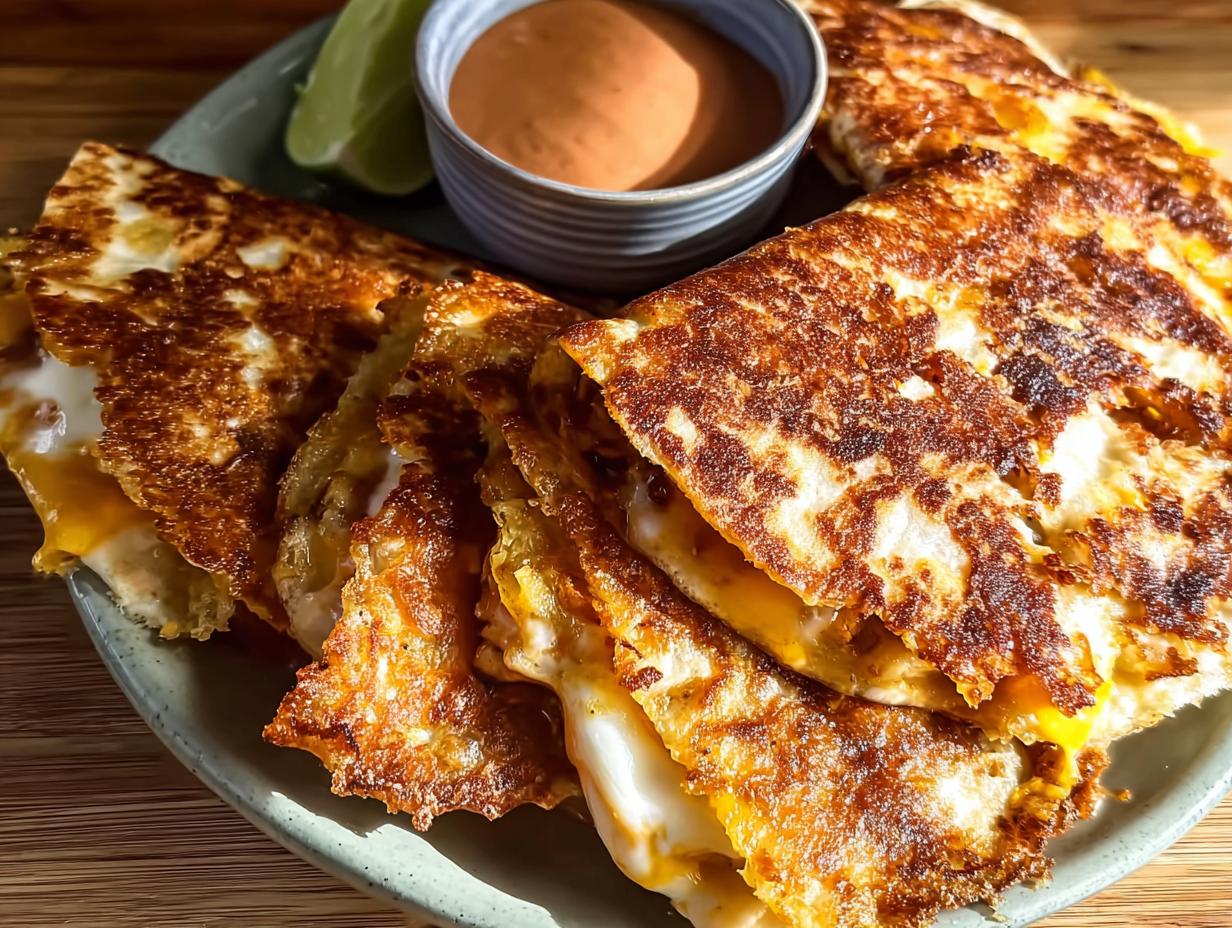 Golden brown quesadillas cut into wedges, served with a side of dipping sauce and lime wedges, perfect for Restaurant-Style Taco Tuesday Recipes at Home.