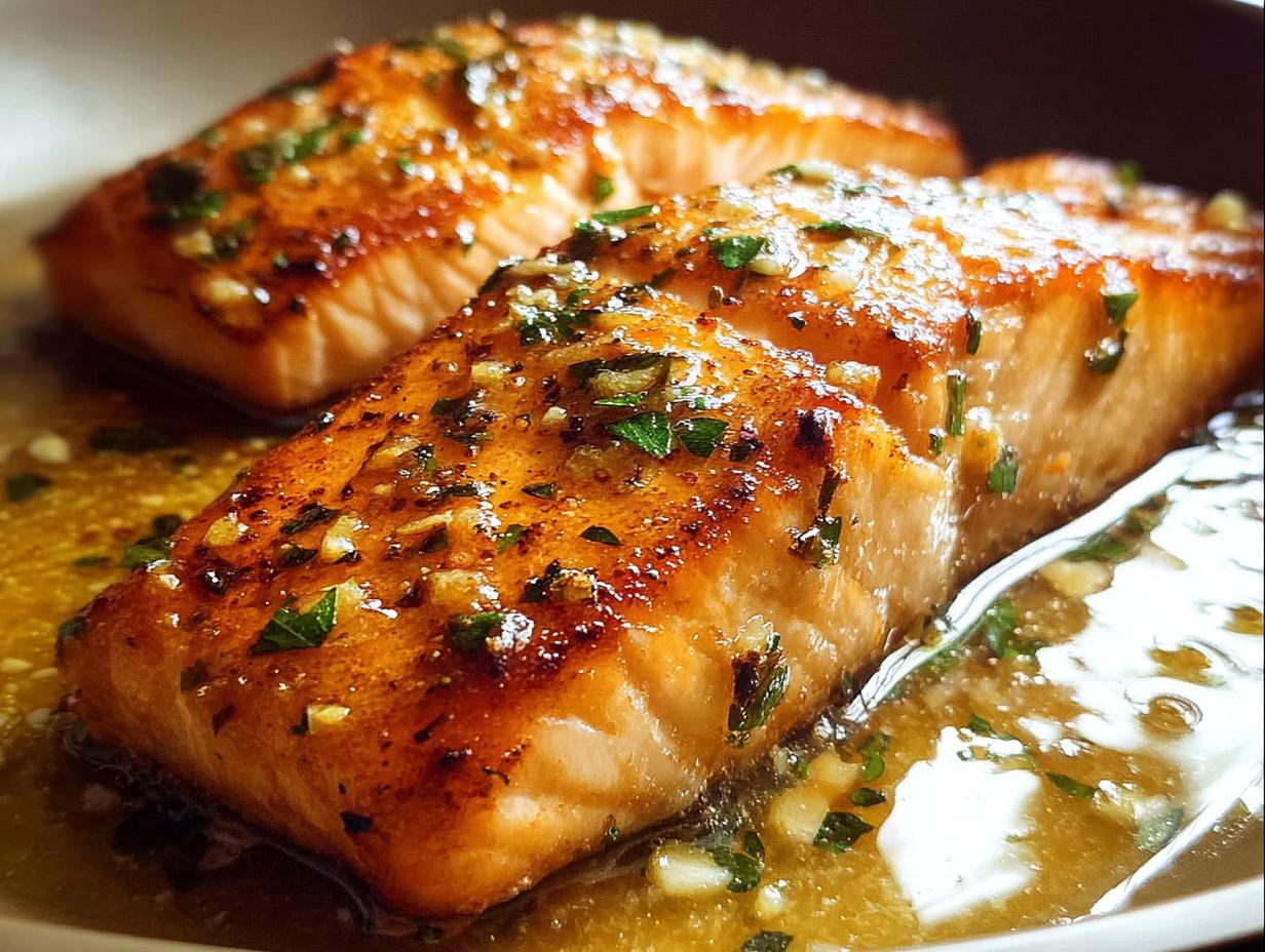 Two perfectly cooked salmon fillets with a golden-brown crust, drizzled in a garlic butter sauce and sprinkled with parsley. A restaurant-style salmon recipe.
