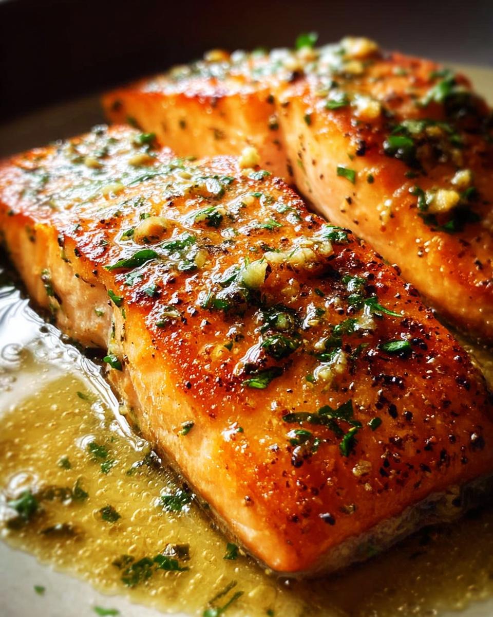 Two fillets of perfectly cooked salmon, glistening with a garlic herb sauce, a key component of restaurant-style salmon recipes at home.