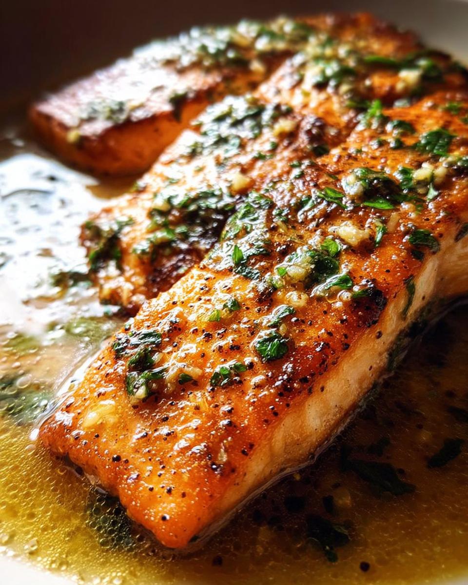 Close-up of a perfectly cooked salmon fillet, glistening with butter sauce and topped with fresh herbs, part of Restaurant-Style Salmon Recipes at Home.