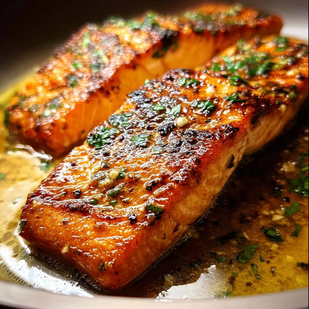 Two perfectly cooked salmon fillets with a golden-brown crust, glistening in a buttery sauce and sprinkled with fresh herbs.