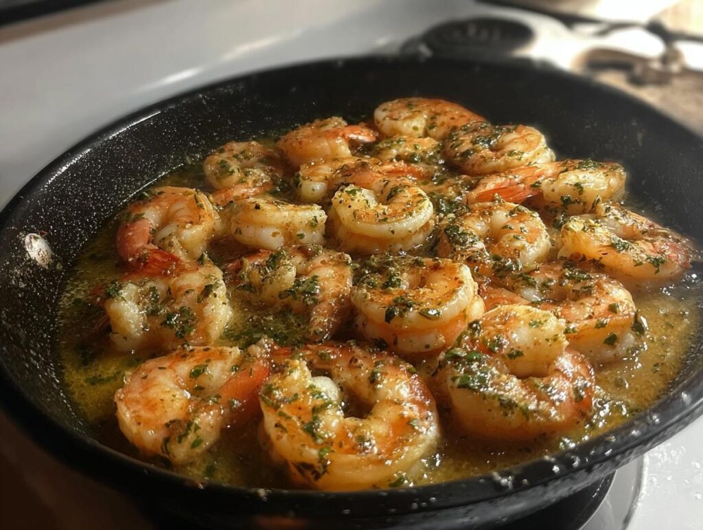 Close-up of juicy, pan-seared shrimp cooked in garlic butter and herbs, a perfect restaurant-style shrimp recipe.
