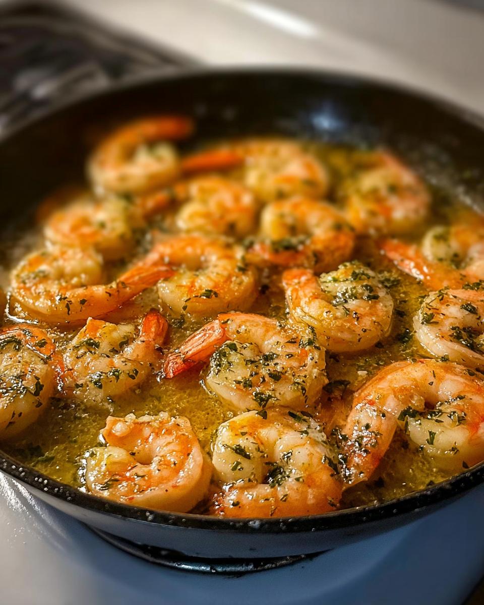 Close-up of juicy shrimp cooked in garlic butter sauce, a key element in restaurant-style shrimp recipes at home.
