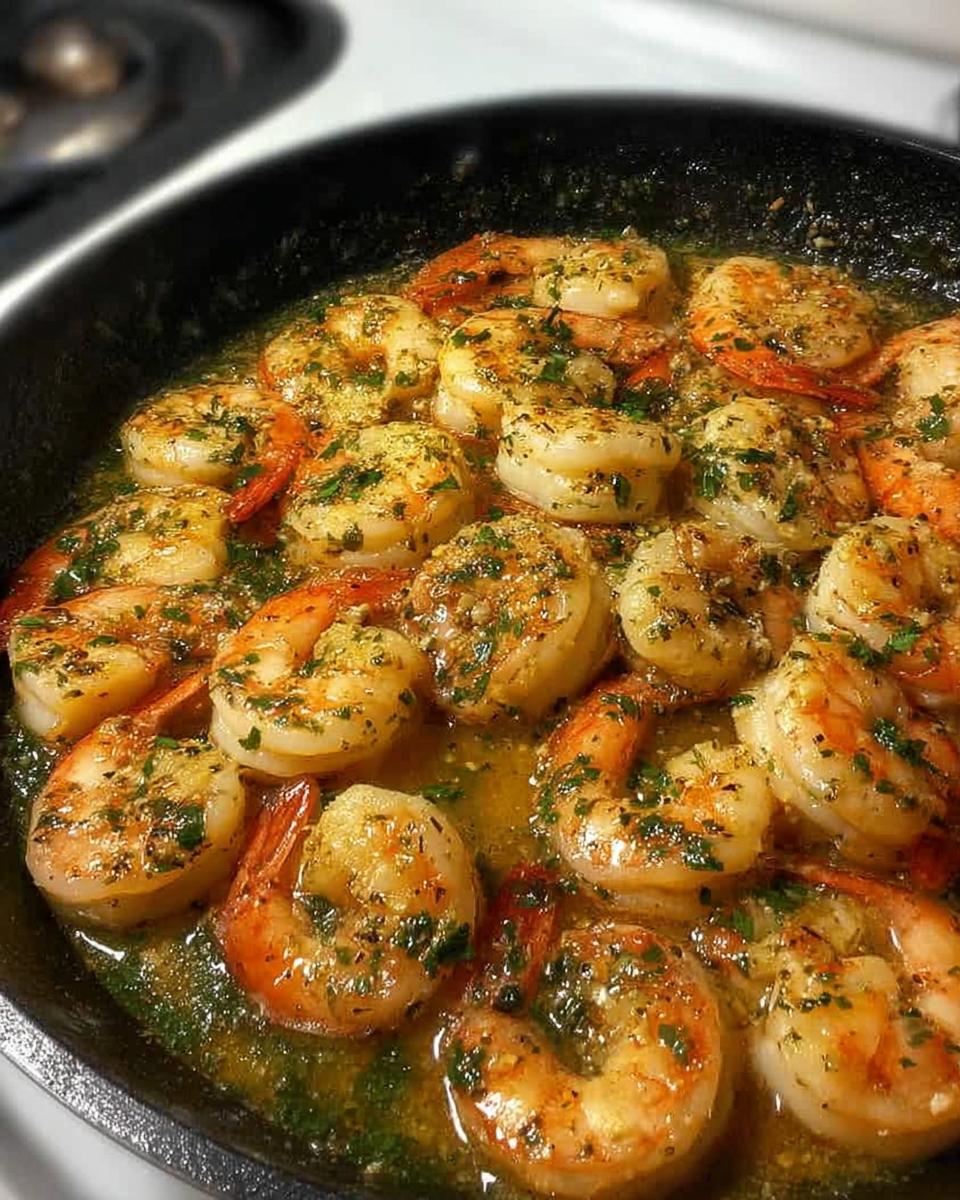 Close-up of juicy, perfectly cooked shrimp in a garlic butter sauce, a key component of restaurant-style shrimp recipes at home.