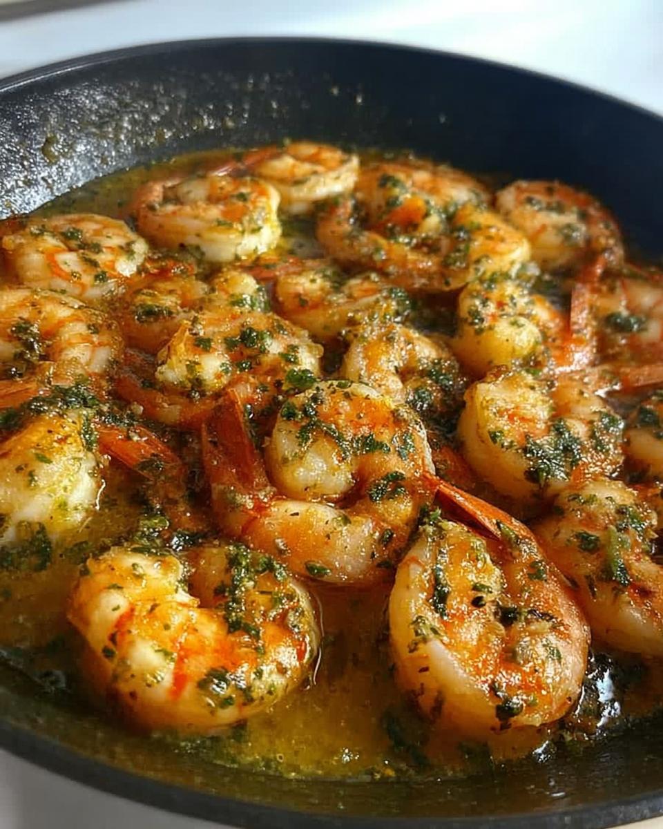 Close-up of juicy, pan-seared shrimp in a garlic butter sauce, seasoned with herbs, perfect for restaurant-style shrimp recipes at home.