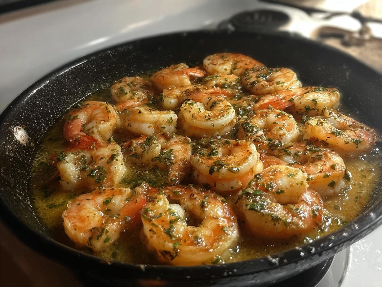 Close-up of juicy, pan-seared shrimp cooked in garlic butter and herbs, a perfect restaurant-style shrimp recipe.