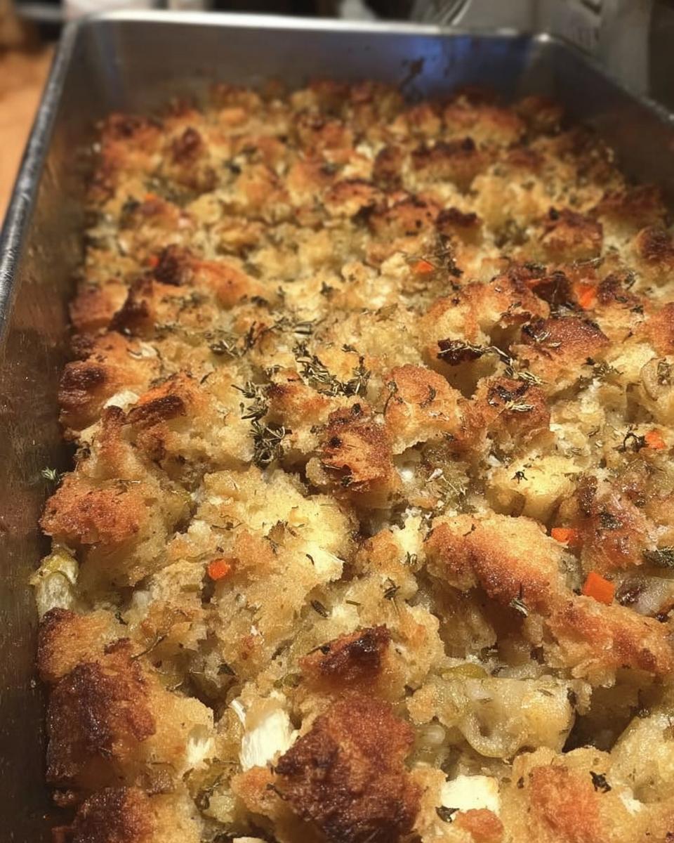 Close-up of golden brown restaurant-style stuffing baked in a metal pan, with visible herbs and diced vegetables.