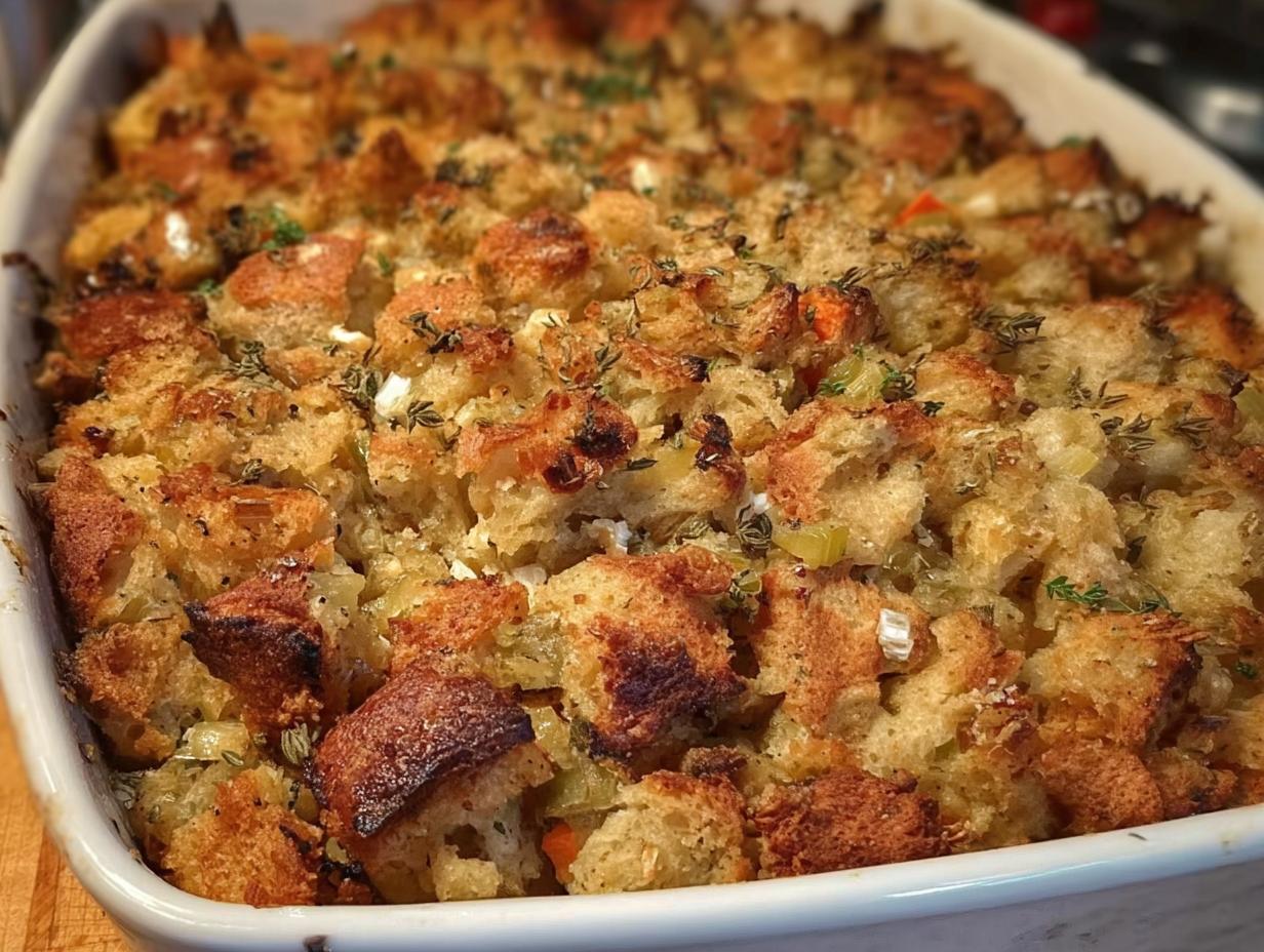 A close-up of a baking dish filled with golden-brown, fluffy restaurant-style stuffing, featuring cubes of bread, herbs, and vegetables.