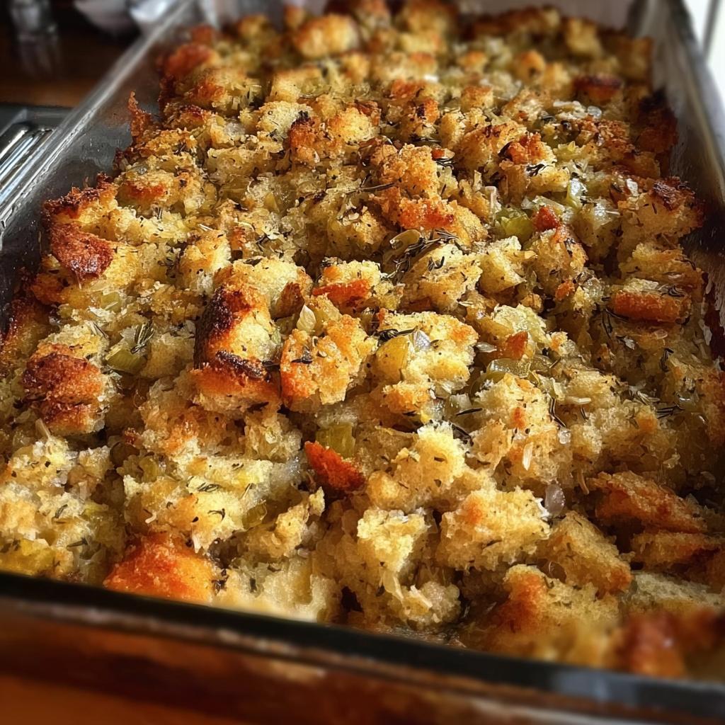Close-up of freshly baked restaurant-style stuffing in a glass baking dish, featuring golden-brown bread cubes and herbs.