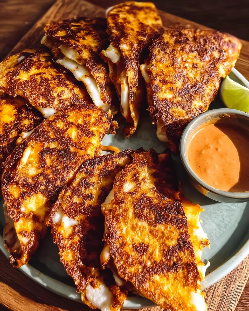 Golden-brown crispy cheese tacos filled with melted cheese, served with a dipping sauce and lime wedge for Taco Tuesday.