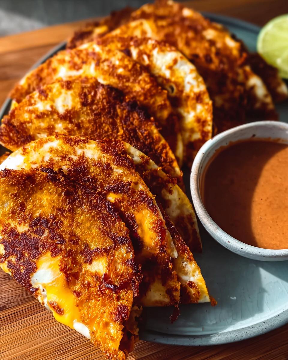 A plate of crispy, golden-brown tacos with melted cheese, served with a side of dipping sauce and lime for Restaurant Taco Tuesday.