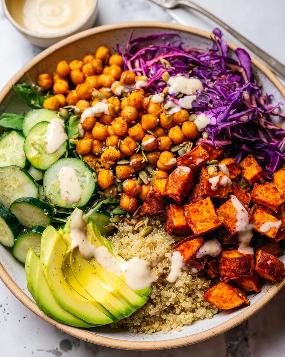 A vibrant rice bowl recipe featuring quinoa, roasted sweet potatoes, chickpeas, avocado, cucumber, and red cabbage, drizzled with dressing.