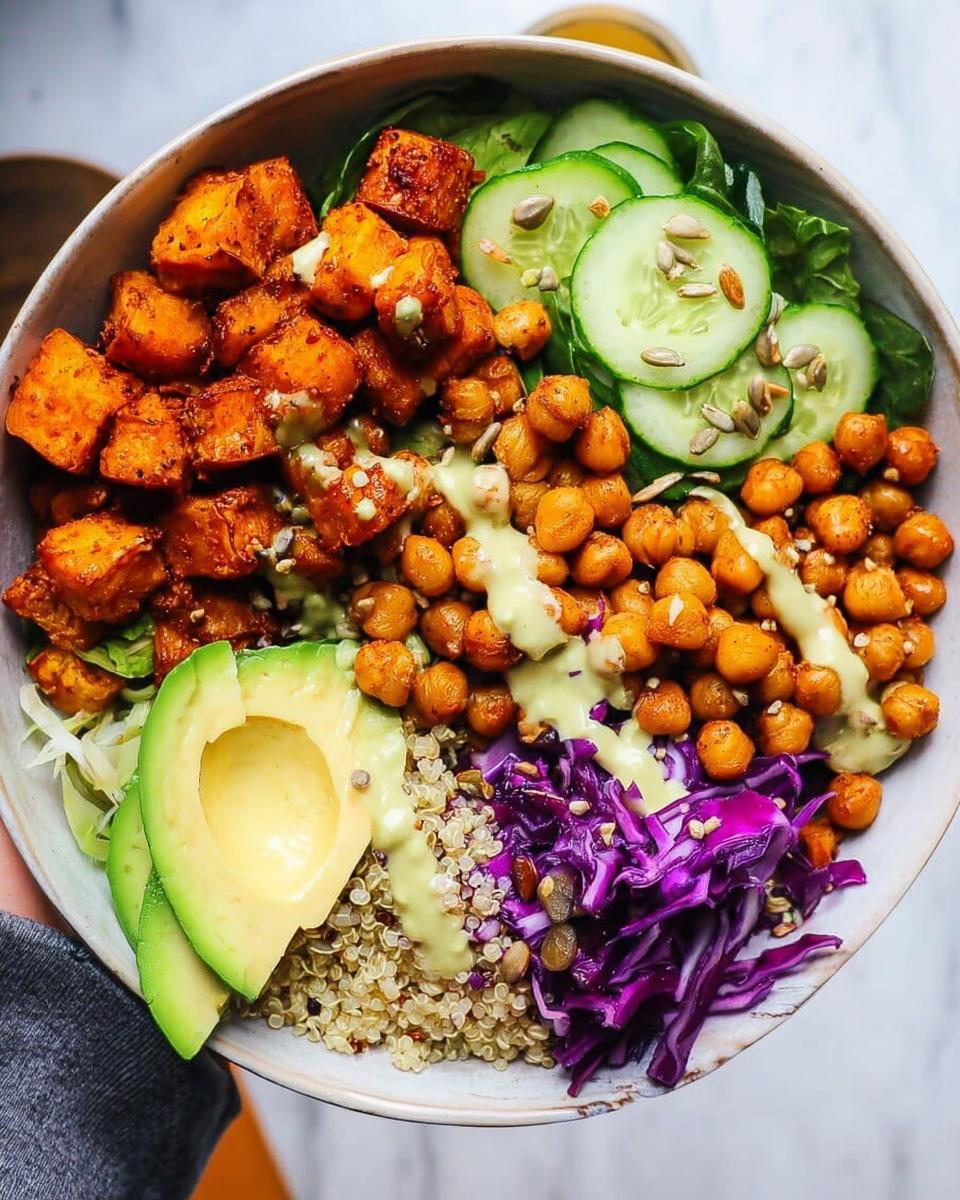 A vibrant and healthy rice bowl recipe featuring roasted sweet potatoes, chickpeas, quinoa, avocado, cucumber, and red cabbage.