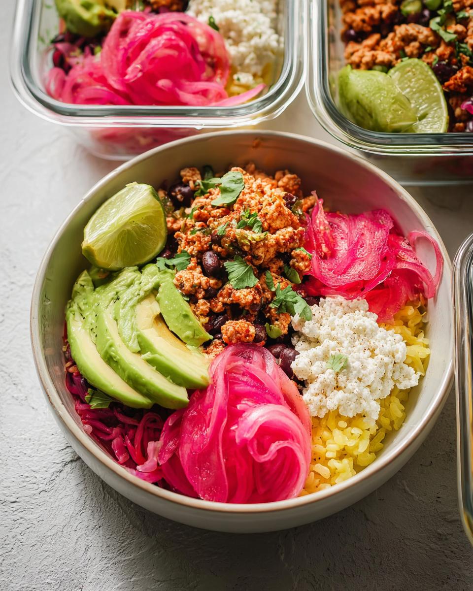 A vibrant and colorful rice bowl recipe meal prep with seasoned ground meat, black beans, avocado, pickled onions, and cheese.