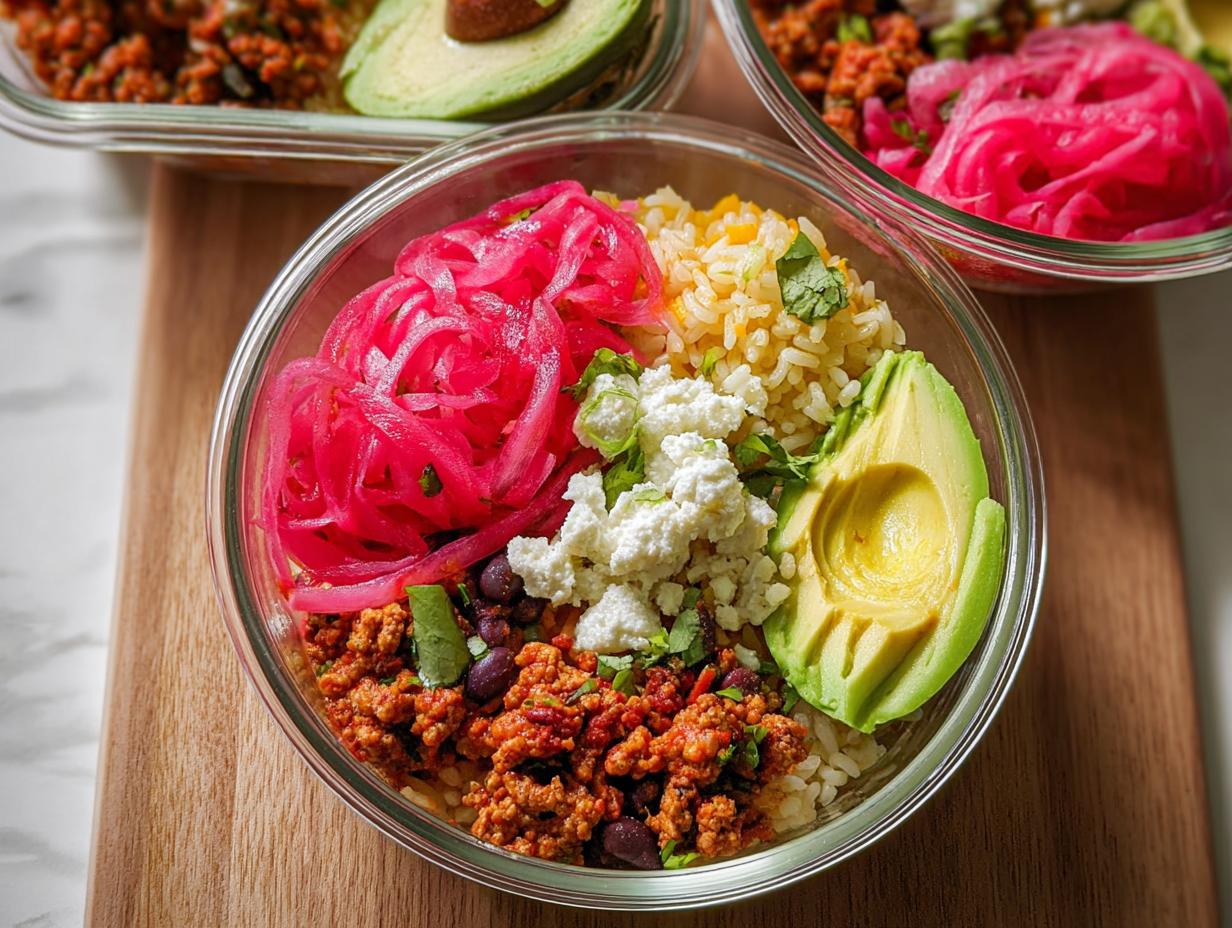 A vibrant and colorful rice bowl recipe for meal prep, featuring seasoned ground meat, black beans, rice, pickled red onions, feta cheese, and avocado.