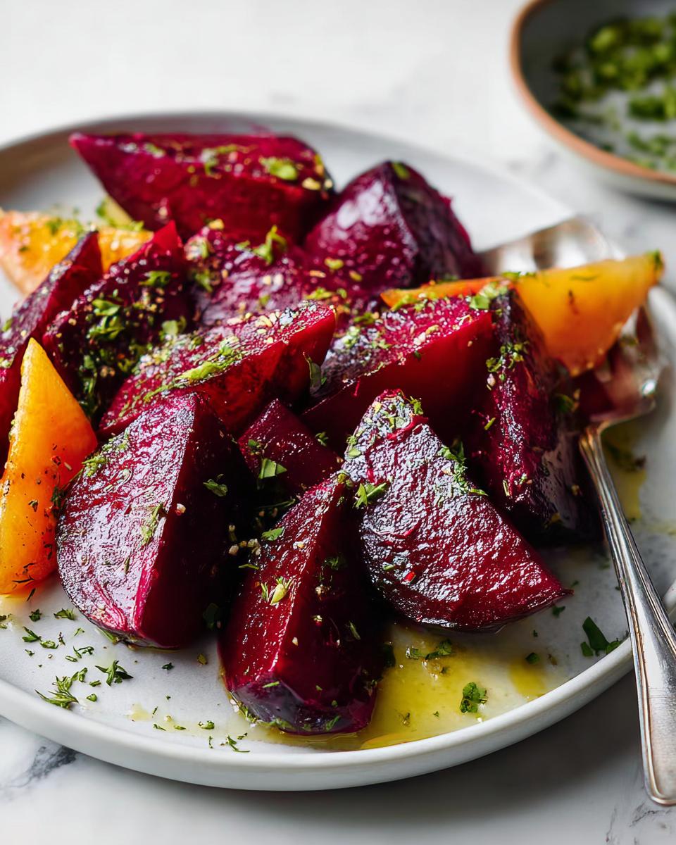 A vibrant plate of roasted beet and orange wedges, a perfect example of veggie sides recipes, drizzled with olive oil and sprinkled with herbs.
