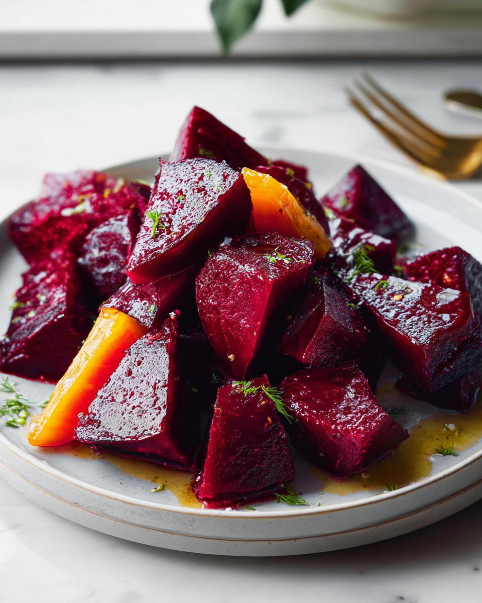 Close-up of roasted beet and orange chunks, glistening with dressing, a perfect example of veggie sides recipes.