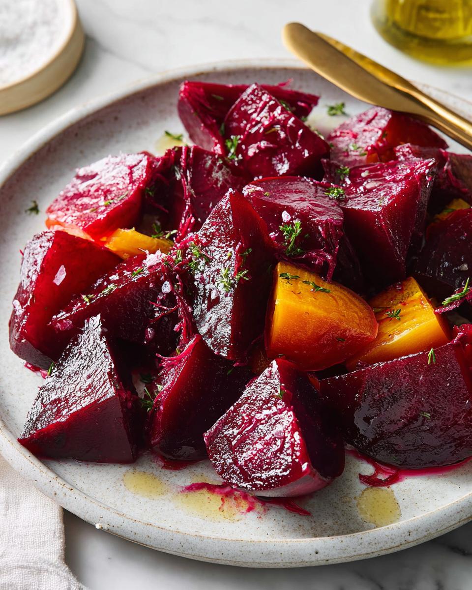 A close-up of a plate filled with roasted beet cubes, including red and golden varieties, seasoned with herbs and salt.
