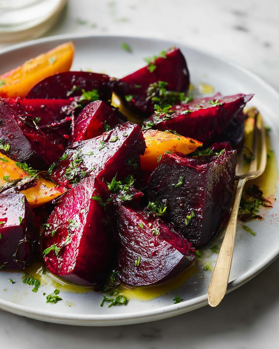 A close-up of a plate of roasted beet side dish, garnished with fresh herbs and drizzled with olive oil.