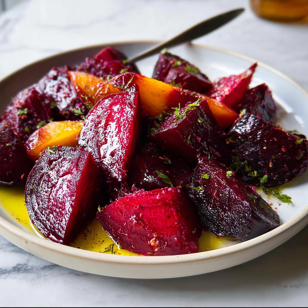 Close-up of roasted beet veggie sides recipe, with vibrant red and yellow beets glistening in olive oil and herbs.