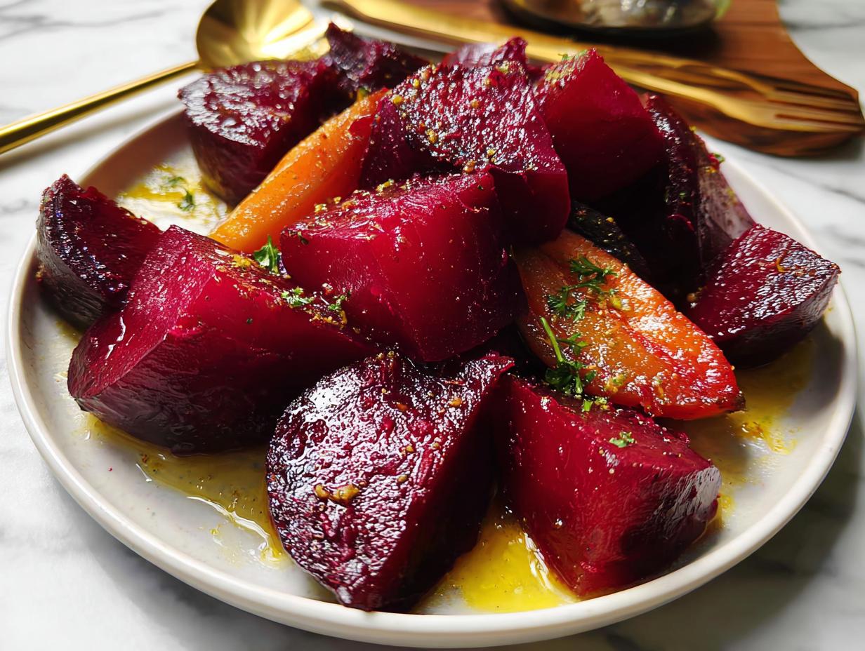 Close-up of roasted beets and carrots, glistening with a light glaze and sprinkled with herbs, showcasing a delicious veggie sides recipe.