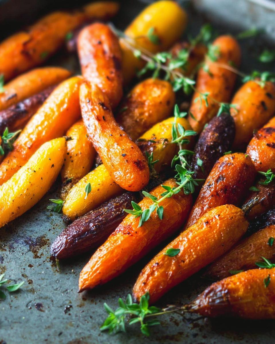 Close-up of beautifully roasted carrots with fresh thyme, a perfect example of veggie sides meal prep.