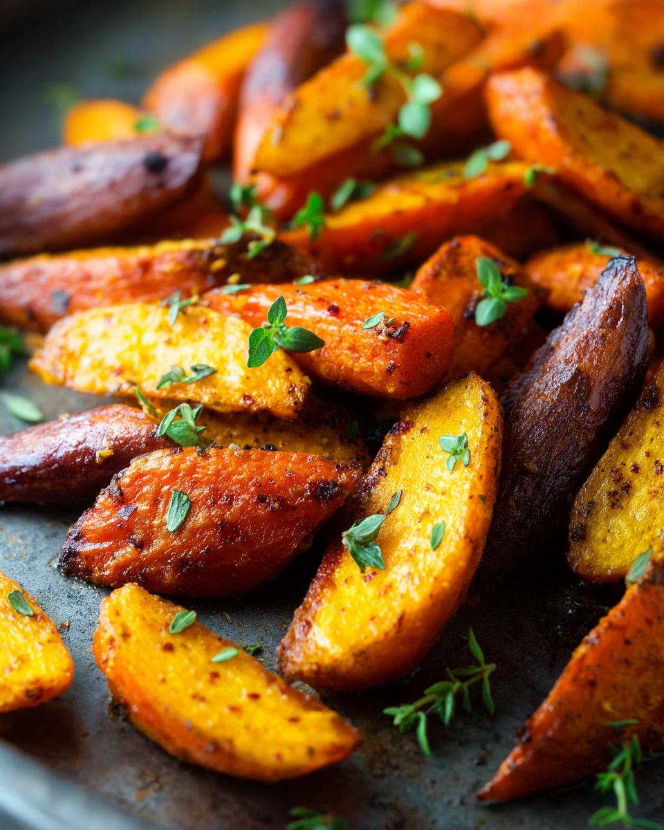 Close-up of roasted carrot wedges, seasoned and garnished with fresh thyme, showcasing a perfect meal prep veggie side.