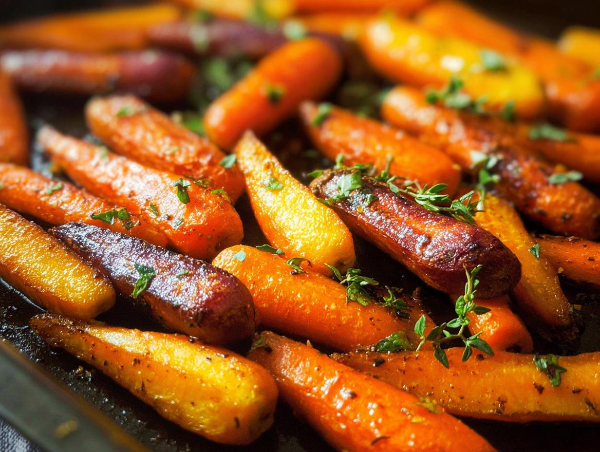Close-up of roasted baby carrots, glistening with glaze and sprinkled with fresh herbs. A perfect veggie sides meal prep.