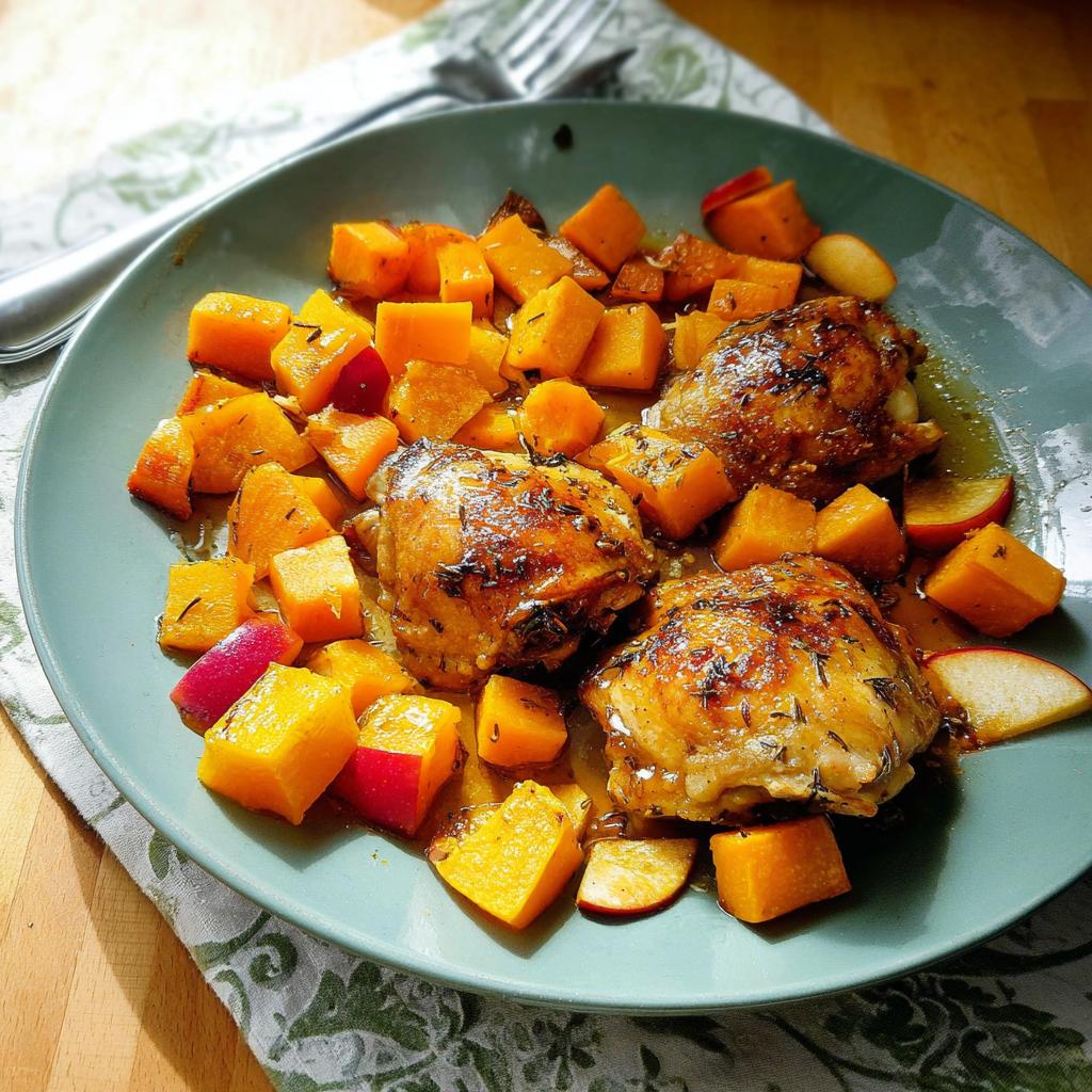 Three golden-brown roasted chicken thighs served with diced butternut squash and apple slices on a teal plate.