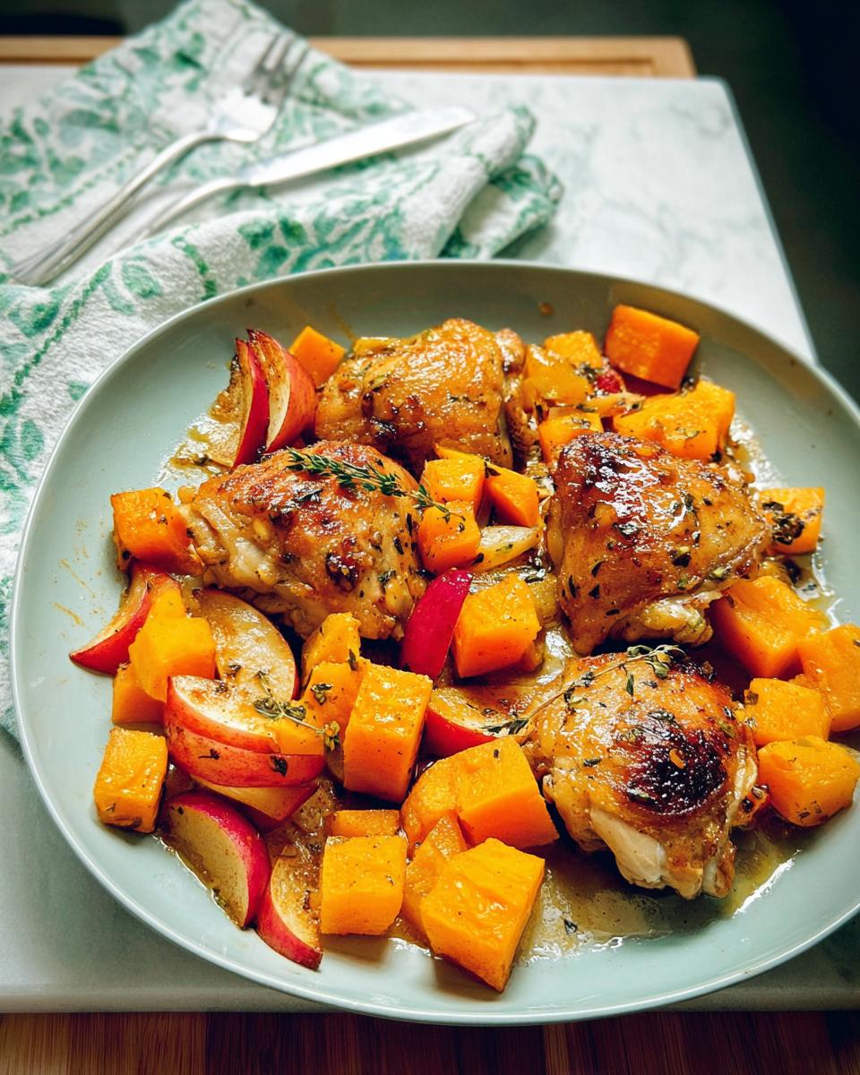 A plate of roasted chicken thighs with cubes of butternut squash and apple slices, seasoned with herbs.