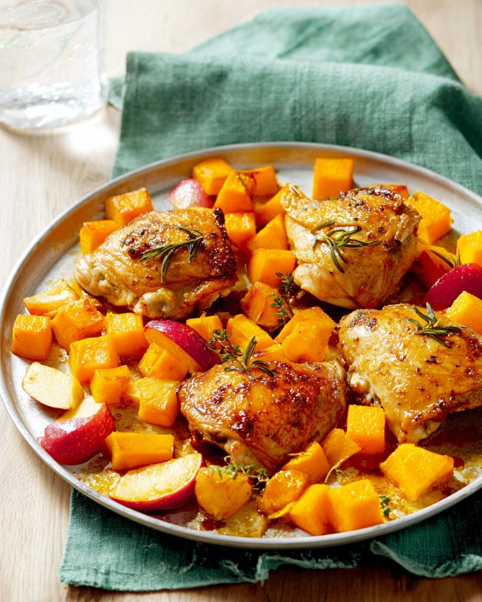 A plate of roasted chicken thighs served with cubed butternut squash and apple slices, garnished with rosemary.