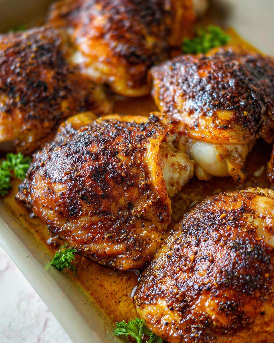 A close-up of juicy, perfectly roasted chicken thighs with crispy skin, seasoned and garnished with parsley.