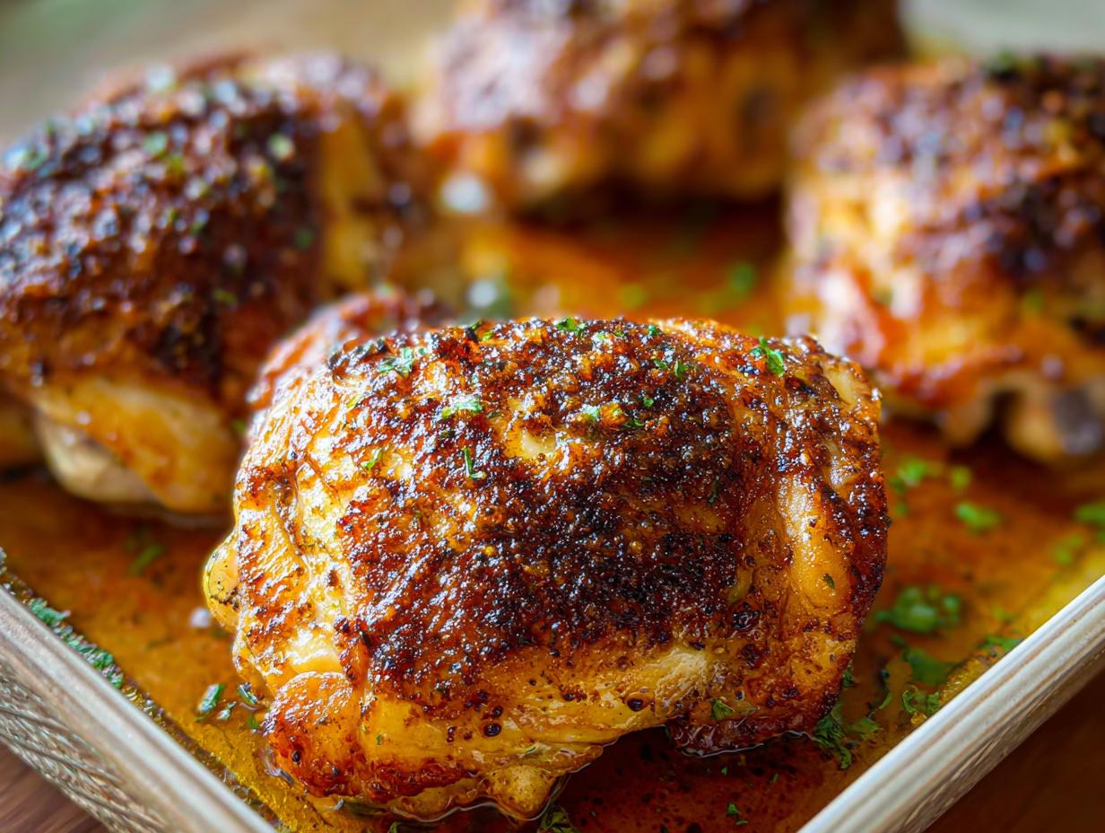 Close-up of perfectly roasted chicken thighs with crispy skin and seasoned herbs, part of a chicken thigh recipe.