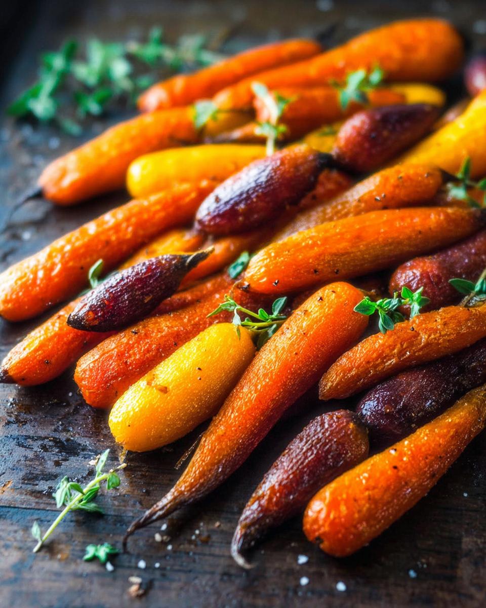 A close-up of roasted rainbow carrots, seasoned with herbs and salt, perfect for veggie sides meal prep.