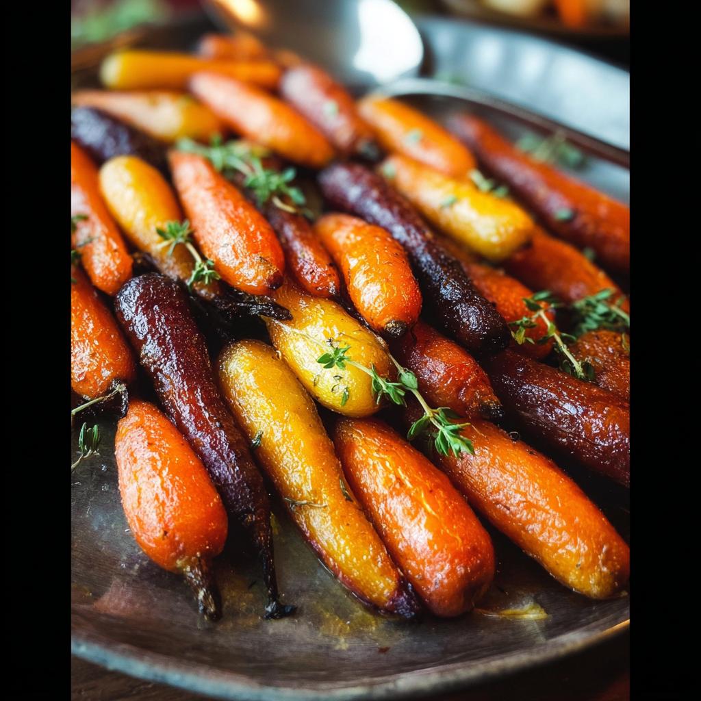 Close-up of a platter of colorful roasted carrots, including orange, yellow, and purple varieties, garnished with fresh thyme. A perfect example of veggie sides meal prep.