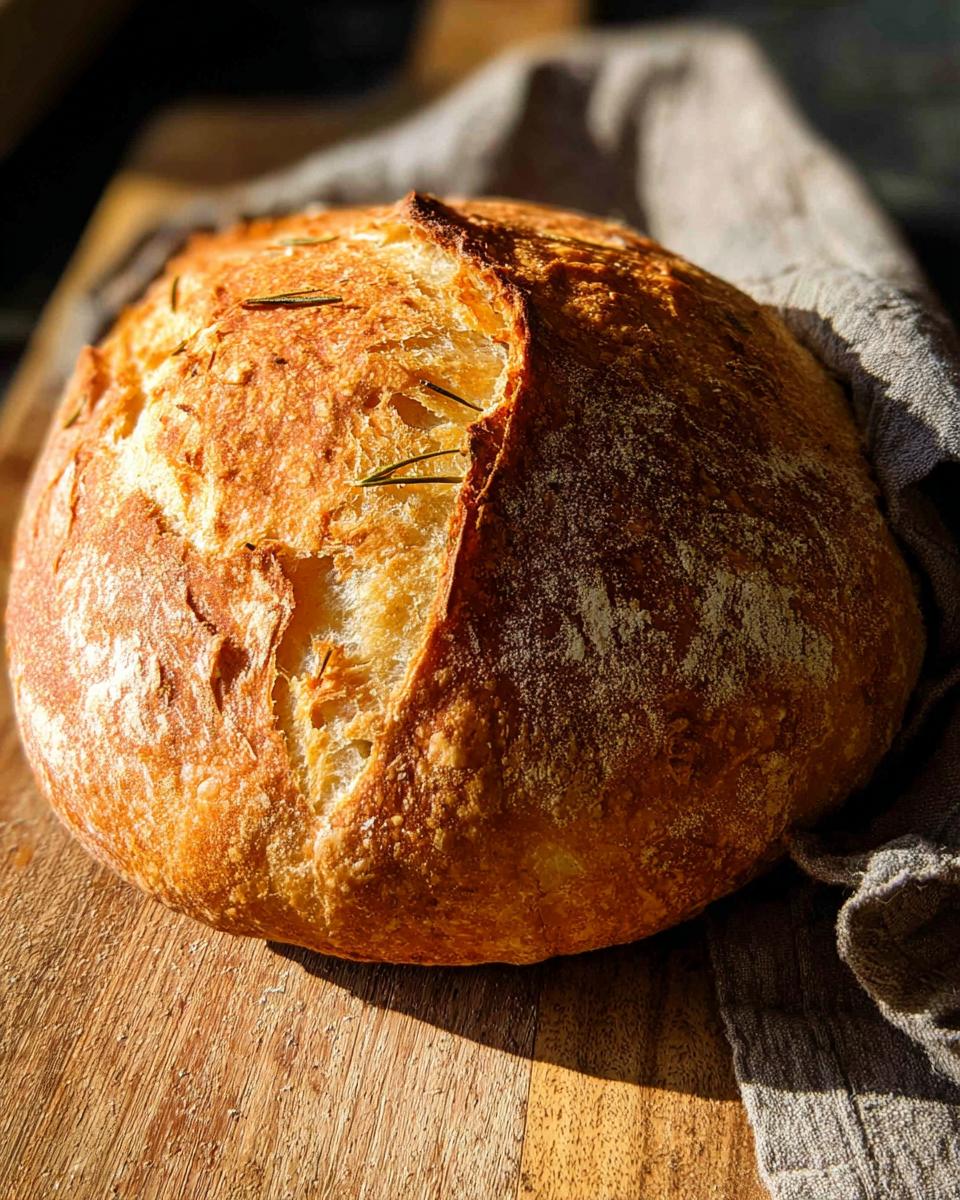 A rustic loaf of rosemary sourdough bread, golden brown with a crisp crust, on a wooden board.