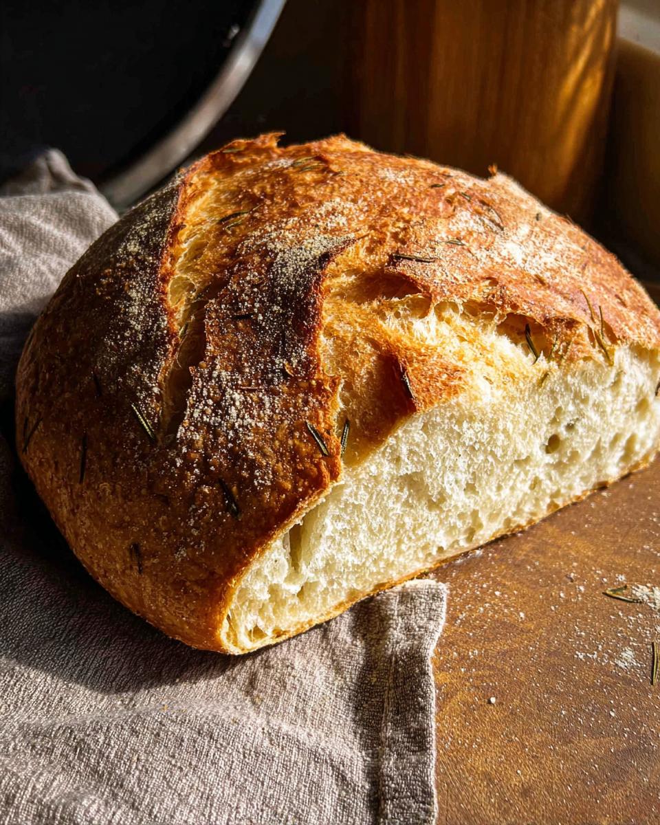 A rustic loaf of rosemary sourdough bread, sliced to reveal its airy crumb, perfect for healthy meals recipes.