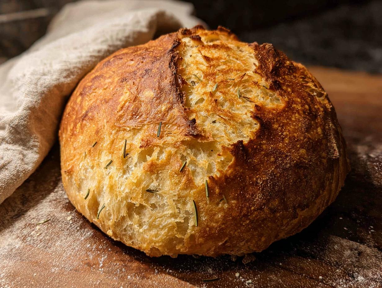 A rustic loaf of rosemary sourdough bread, golden brown with a crackled crust, perfect for healthy meals recipes.
