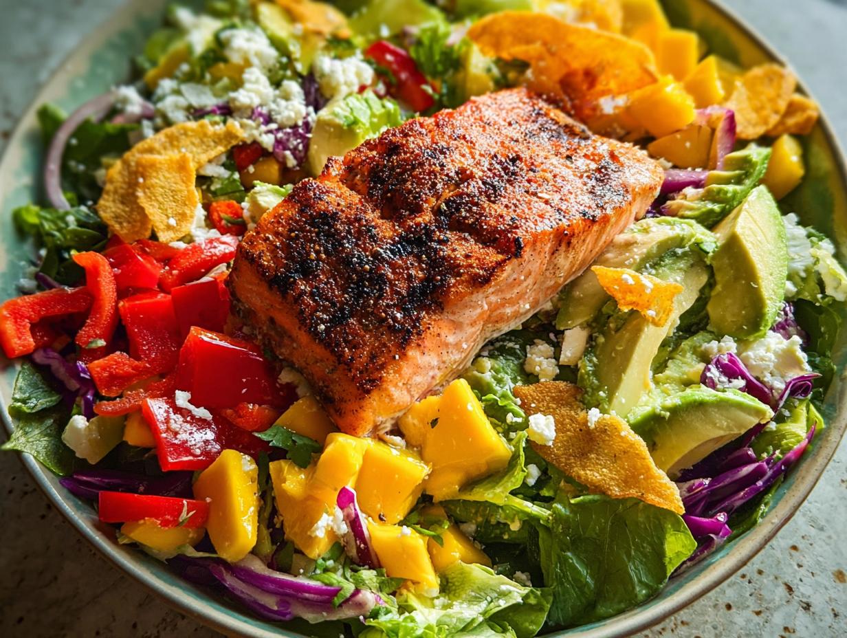A vibrant and fresh salad featuring a perfectly cooked salmon fillet, avocado, mango, red bell peppers, and feta cheese.